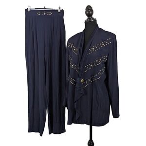 Vintage Laurence Miller Navy Beaded 2-Piece Pant Suit Made in USA